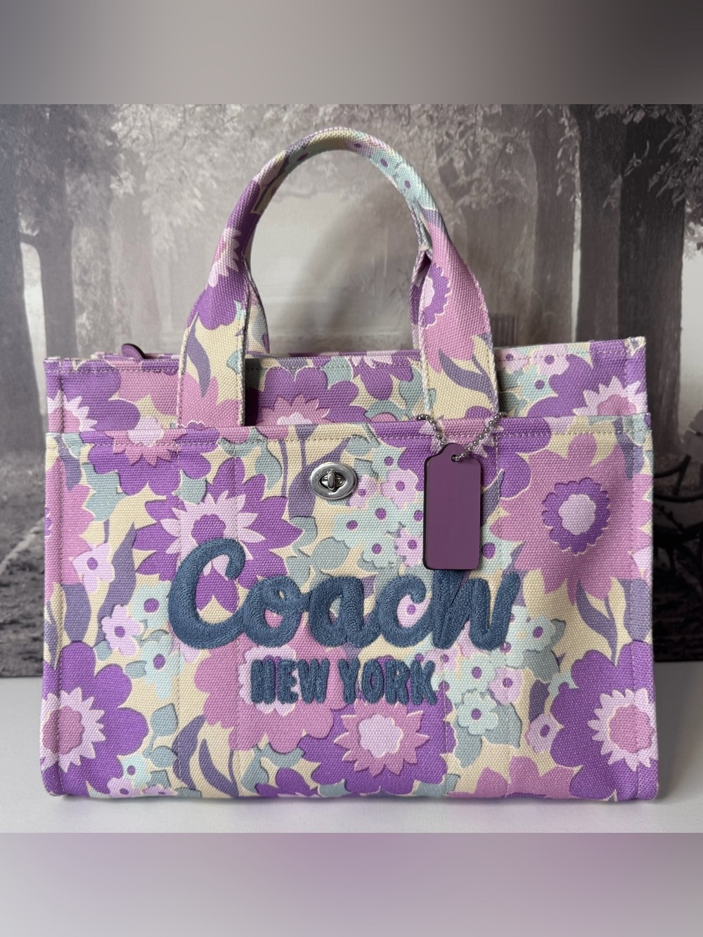 NWT Coach Cargo Canvas Tote Bag with Paisley Floral Print Ivory Purple CBG42